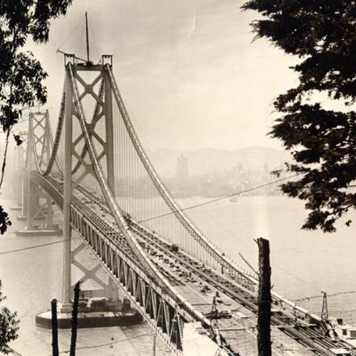 [View of San Francisco-Oakland Bay Bridge roadway under construction]