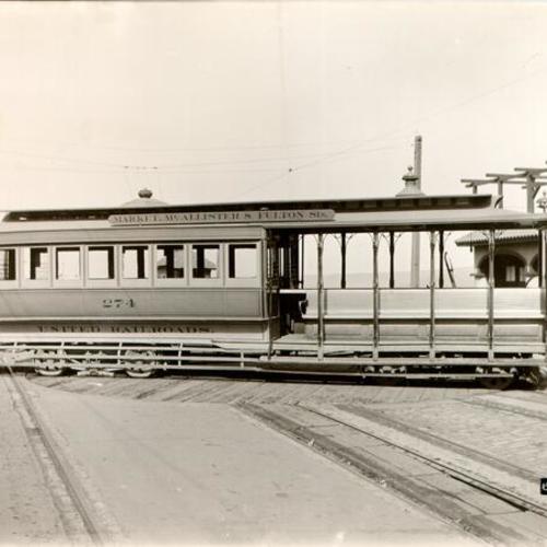 [United Railroad Company cable car on turntable at 13th Avenue and Fulton Street]
