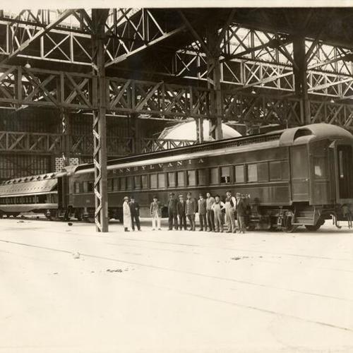 [Train exhibit inside Transportation building at Panama-Pacific International Exposition]