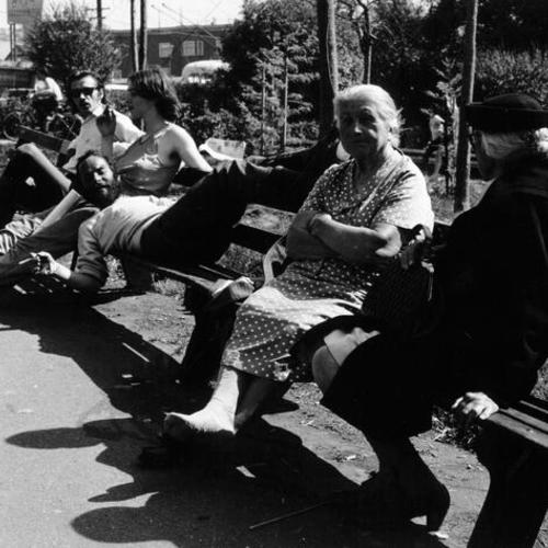 [People sitting on a bench near Stanyan Street in Golden Gate Park]