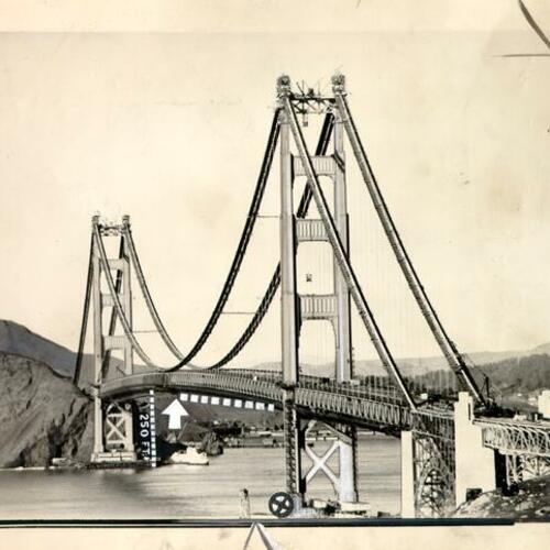 [View of the Golden Gate Bridge with a diagram showing where an accident occurred, 