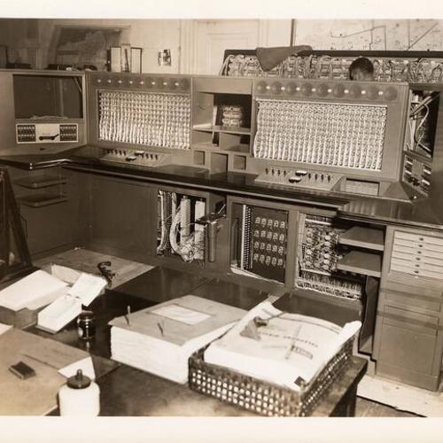 [New radio broadcasting console in the Communications Room in Old Hall of Justice]