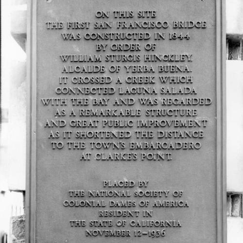 [Plaque of the First Bridge in San Francisco on Montgomery at Jackson street]