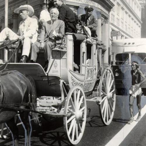 [Stage coach on Market Street during a parade marking the 100th anniversary of the first overland mail service]