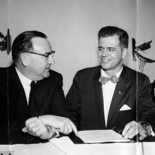 [Edmund G. ("Pat") Brown (left) greets Michigan Governor G. Mennen Williams]
