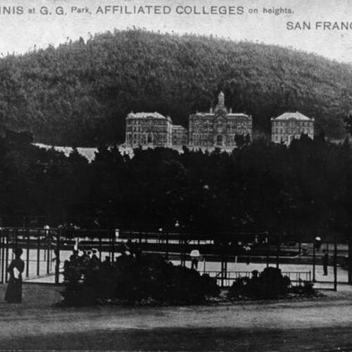 [Lawn tennis at Golden Gate Park, affiliated colleges on heights]