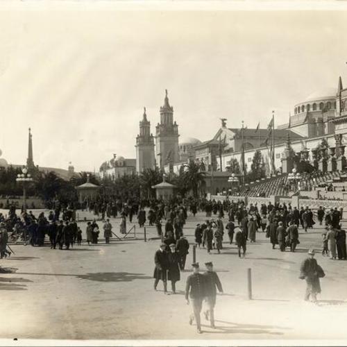 [View of South Gardens and grandstand on opening day of the Panama-Pacific International Exposition]