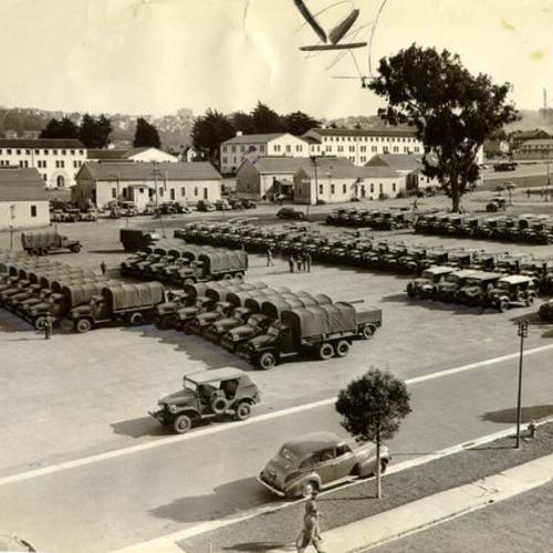 [Trucks parked on the Parade Grounds at the Presidio of San Francisco]