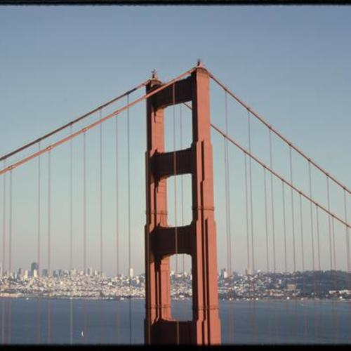 San Francisco skyline view through Golden Gate Bridge
