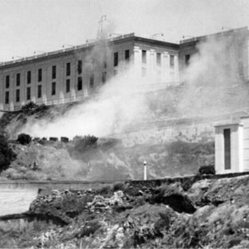 [Rifle grenade bursting in Alcatraz Prison cell block during a 3 day prisoner revolt in May, 1946]