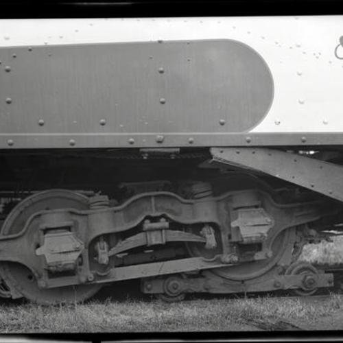 [Close up of Market Street Railway Car 837 on broken axle dolly at Elkton Shop]