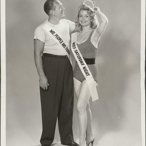Patricia Sheenan wearing sash with "Miss Saturday Night" and Art Linkletter wearing sash with "Mr. People are funny"