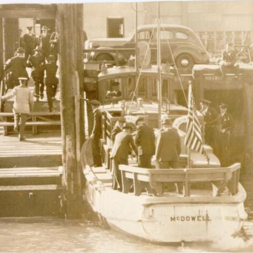 [Alcatraz Island  boat 'McDowell" bringing James Lucas Rufus Franklin, etc. to San Francisco for trial]