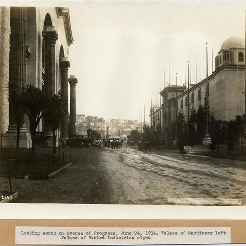 Looking south on Avenue of Progress, June 24, 1914. Palace of Machinery left. Palace of Varied Industries right