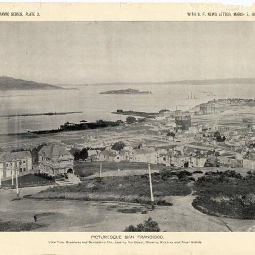 PICTURESQUE SAN FRANCISCO. View from Broadway and Devisadero Sts., Looking Northeast, Showing Alcatraz and Angel Islands