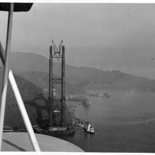 [Aerial view of Marin tower of Golden Gate Bridge and cable anchorage]