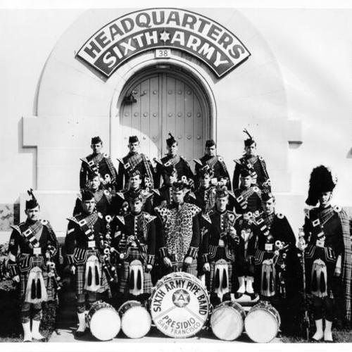 [Sixth Army Pipe Band standing in front of the Sixth Army Headquarters, Presidio of San Francisco]