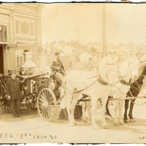[Firemen and horse drawn engine at Engine 20]