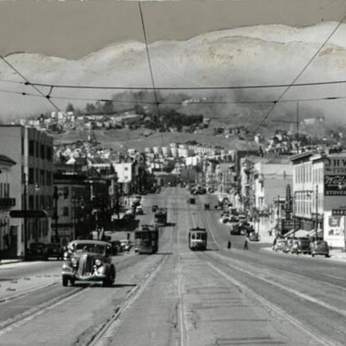 [View of Market Street with Twin Peaks in background]