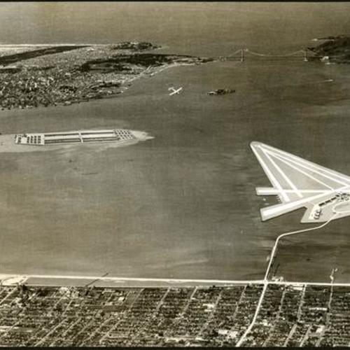 [View of proposed airport off the shore of Berkeley]
