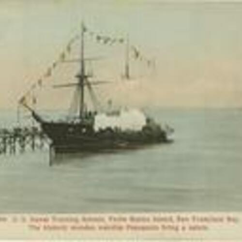 [906 U. S. Naval Training School, Yerba Buena Island, San Francisco Bay. The historic wooden warship Pensacola firing a salute.]