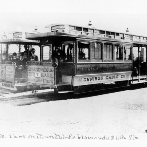 [Omnibus Cable Company cars on turntable at Howard and 26th streets]