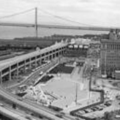 [View of the Embarcadero from above, as seen from a Golden Gateway building]