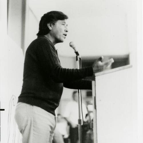 [Cesar Chavez speaking at a Farm Workers Union rally]