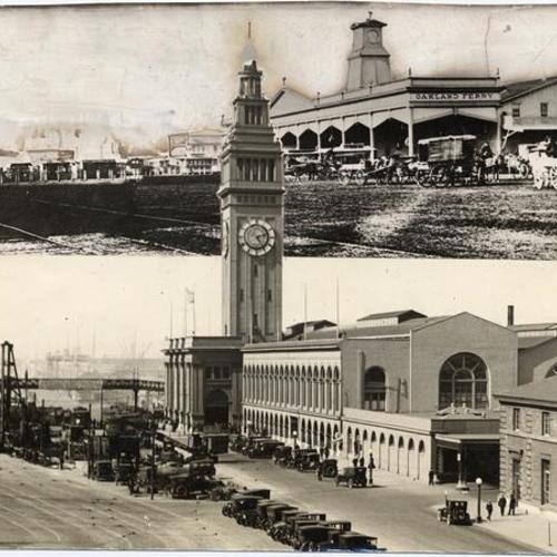 [Two views of the Ferry Building, one from the 1800's and one from 1924]
