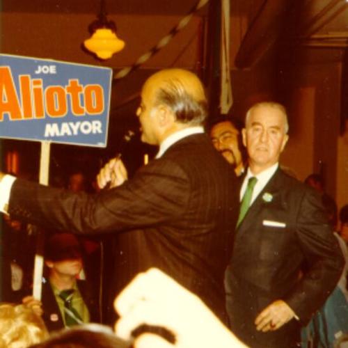 [Joe Alioto addresses supporters at cocktail party during mayoral campaign]
