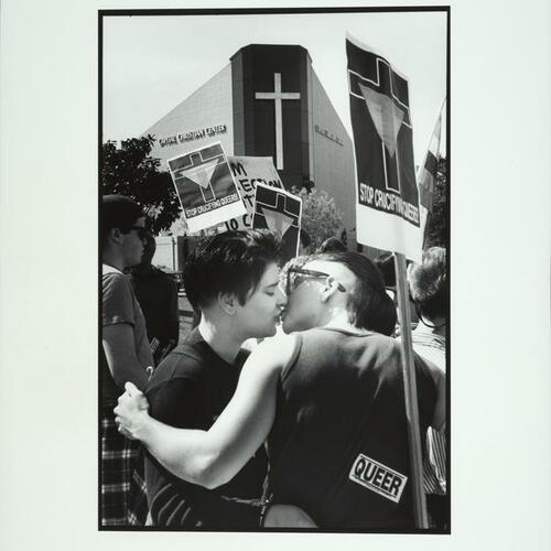 San Francisco activists stage a kiss-in at Sacramento's Capital Christian Center on Easter, protesting their anti-gay activities