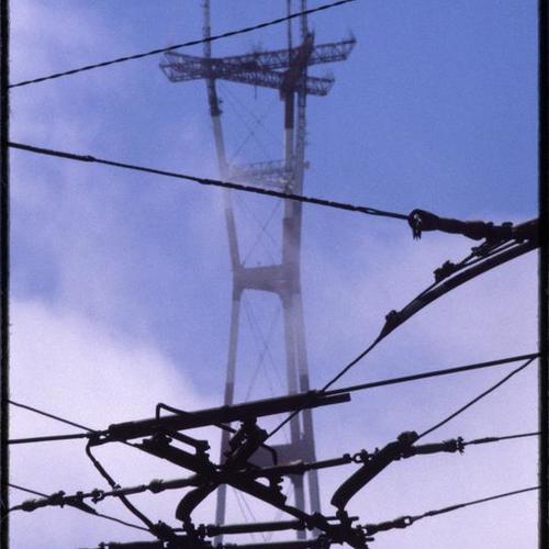 View of Sutro Tower through Muni overhead wires