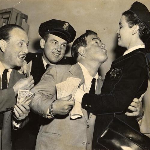 [Bud Abbott, Officer Henry Pengel, Lou Costello and Policewoman Margaret Dillon at a ticket sales talk for the Policemen's Ball on May 6 and 7]