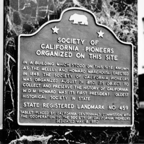 [Plaque for the Society of California Pioneers]
