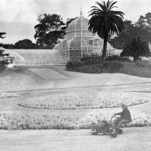 [Lawn being mowed in front of the Conservatory of Flowers in Golden Gate Park]