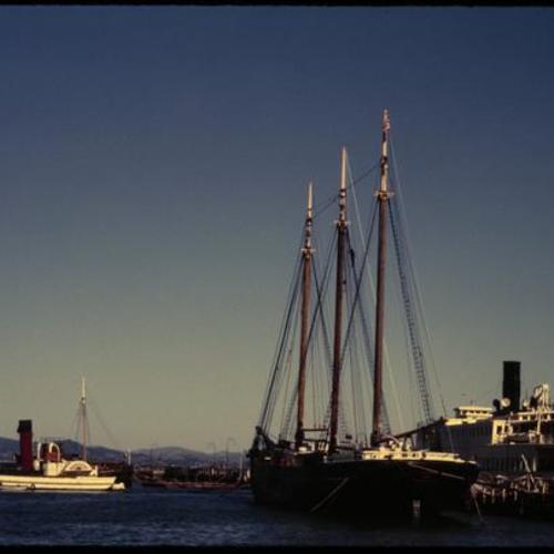 Sailboats and Steamboat docked at Hyde Street Pier