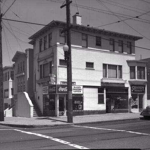 [594 18th Avenue at Balboa Street, Alice's Fountain Lunch, Bob's Barber Shop, Shaddy Realty]