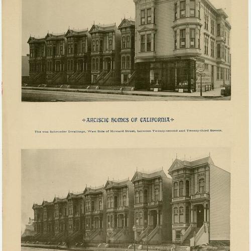 [Two photoprints on one sheet, each with a row of houses, along Howard street]