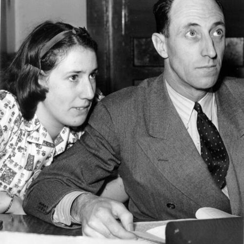 [Harry Bridges and his daughter Jacqueline seated in courtroom]