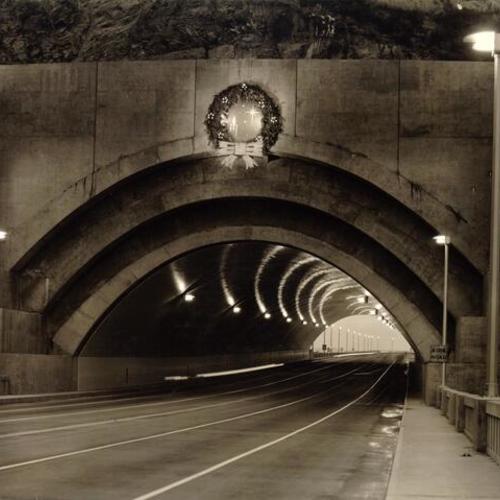 [Christmas wreath decorates east entrance to Yerba Buena Island Bay Bridge Tunnel]